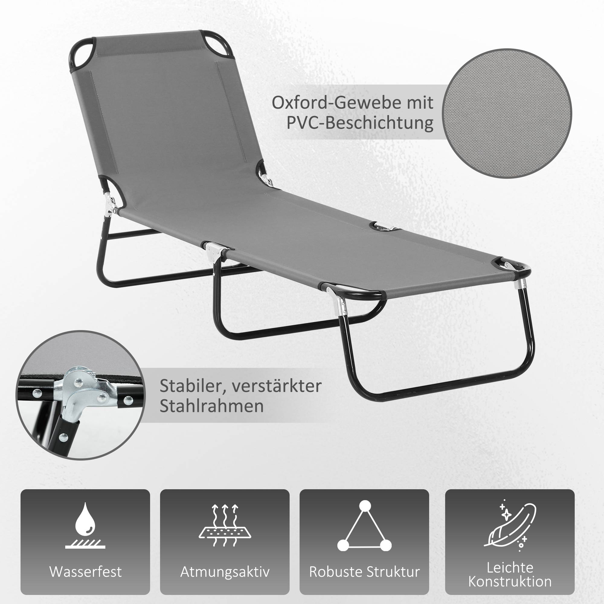 Bain de Soleil Pliable Acier Jardin Transat Réglable 5 Positions Gris 188cm - ComfortXL Outdoor Living - Image 4