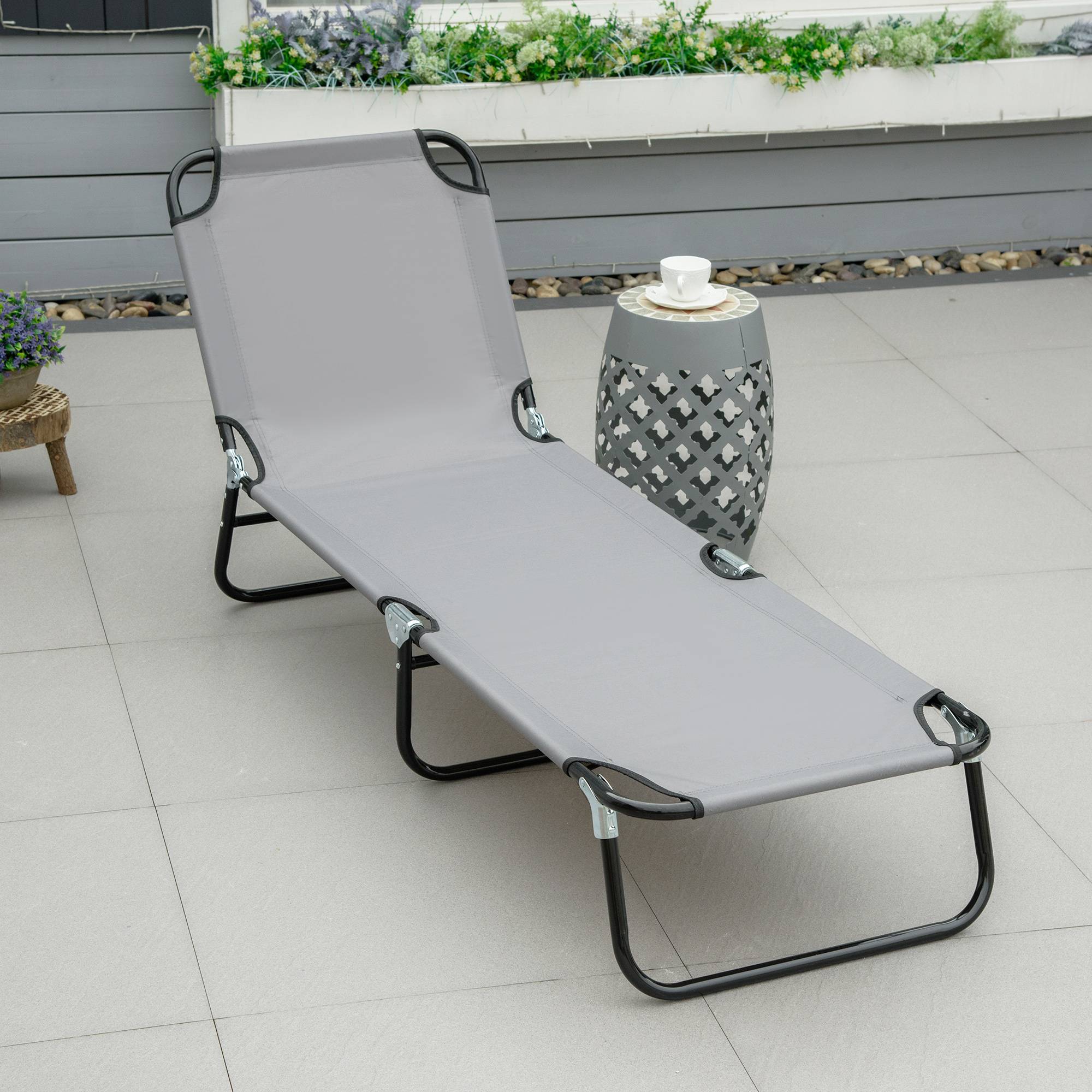 Bain de Soleil Pliable Acier Jardin Transat Réglable 5 Positions Gris 188cm - ComfortXL Outdoor Living - Image 1