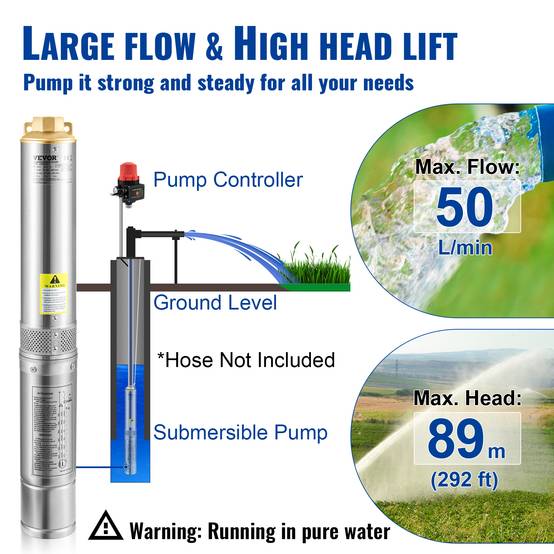 VEVOR Pompe Immergée Pompe à Eau pour Puits Profond Inox 550 W 50 L/min 89 m - Image 3