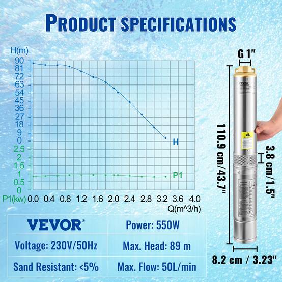 VEVOR Pompe Immergée Pompe à Eau pour Puits Profond Inox 550 W 50 L/min 89 m - Image 7