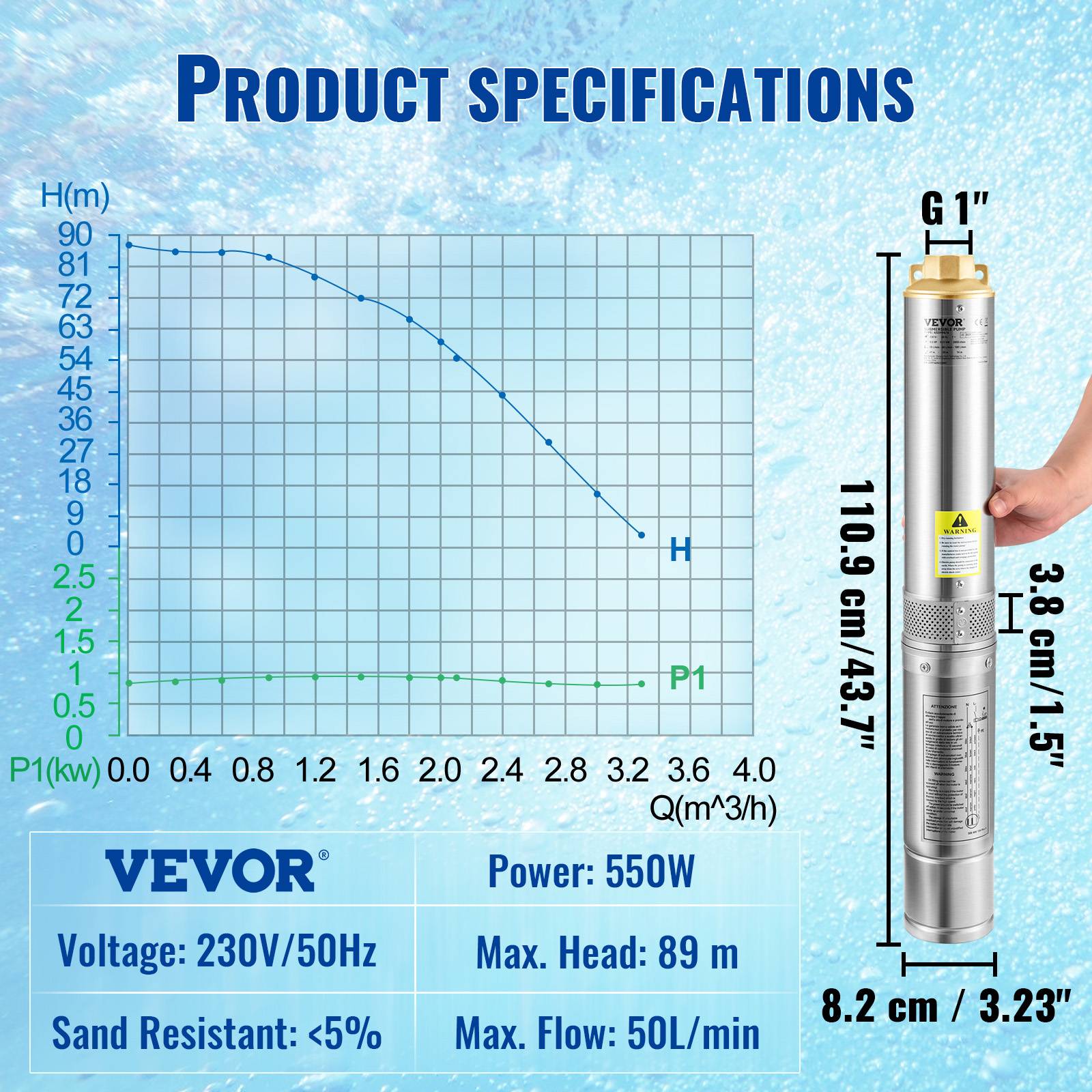 VEVOR Pompe Immergée Pompe à Eau pour Puits Profond Inox 550 W 50 L/min 89 m - Image 7