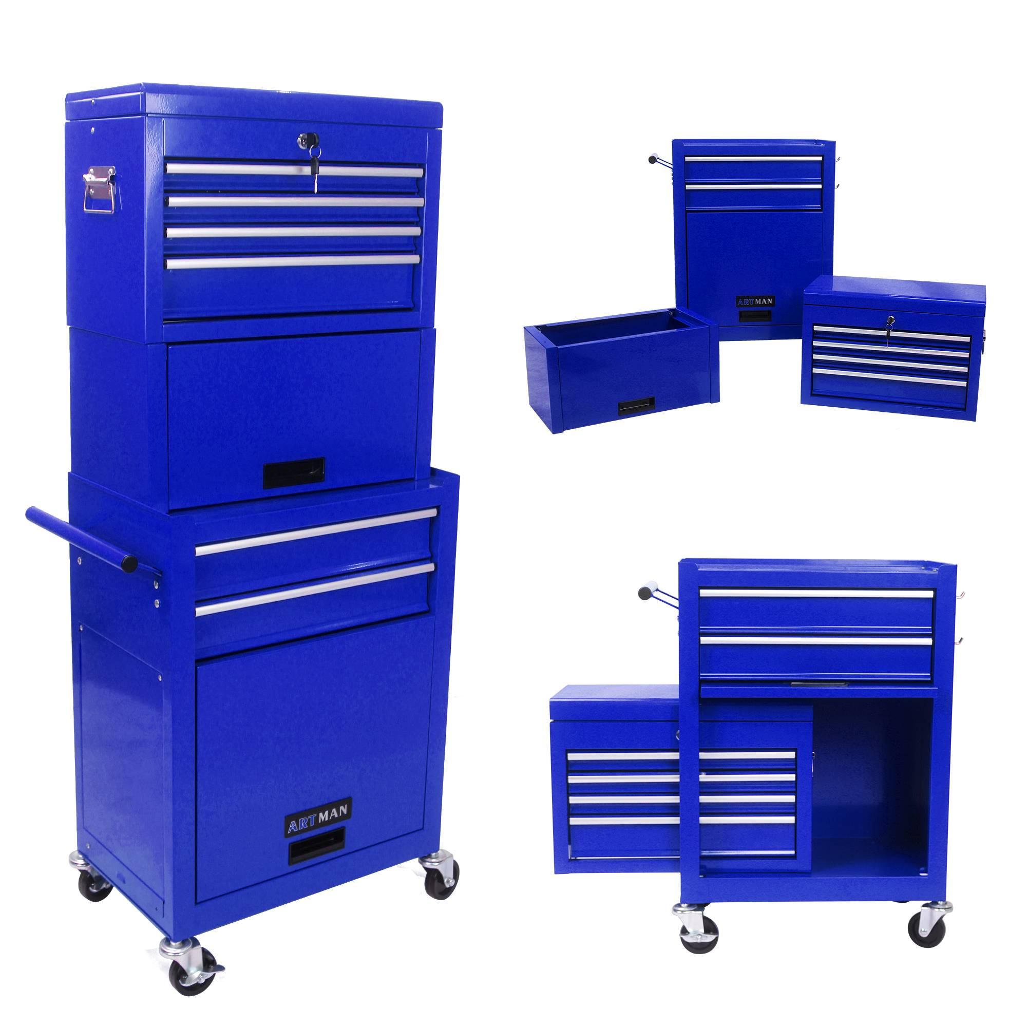 ComfortXL - Servante d'Atelier Modulable 2 en 1 Bleue, 6 Tiroirs et Coffre Amovible à Roulettes – ComfortXL Outdoor Living