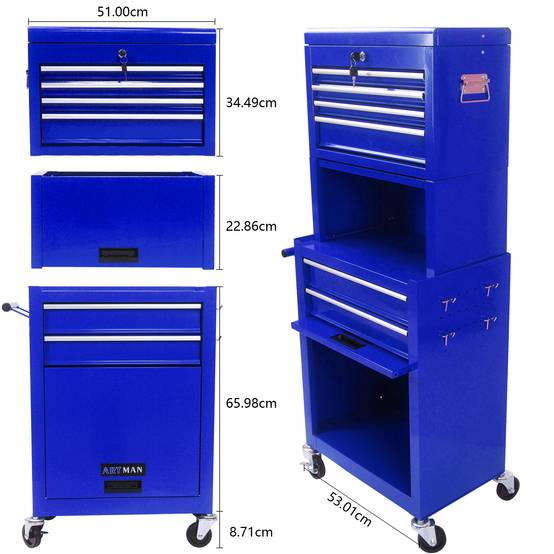Servante d'Atelier Modulable 2 en 1 Bleue, 6 Tiroirs et Coffre Amovible à Roulettes – ComfortXL Outdoor Living - Image 3