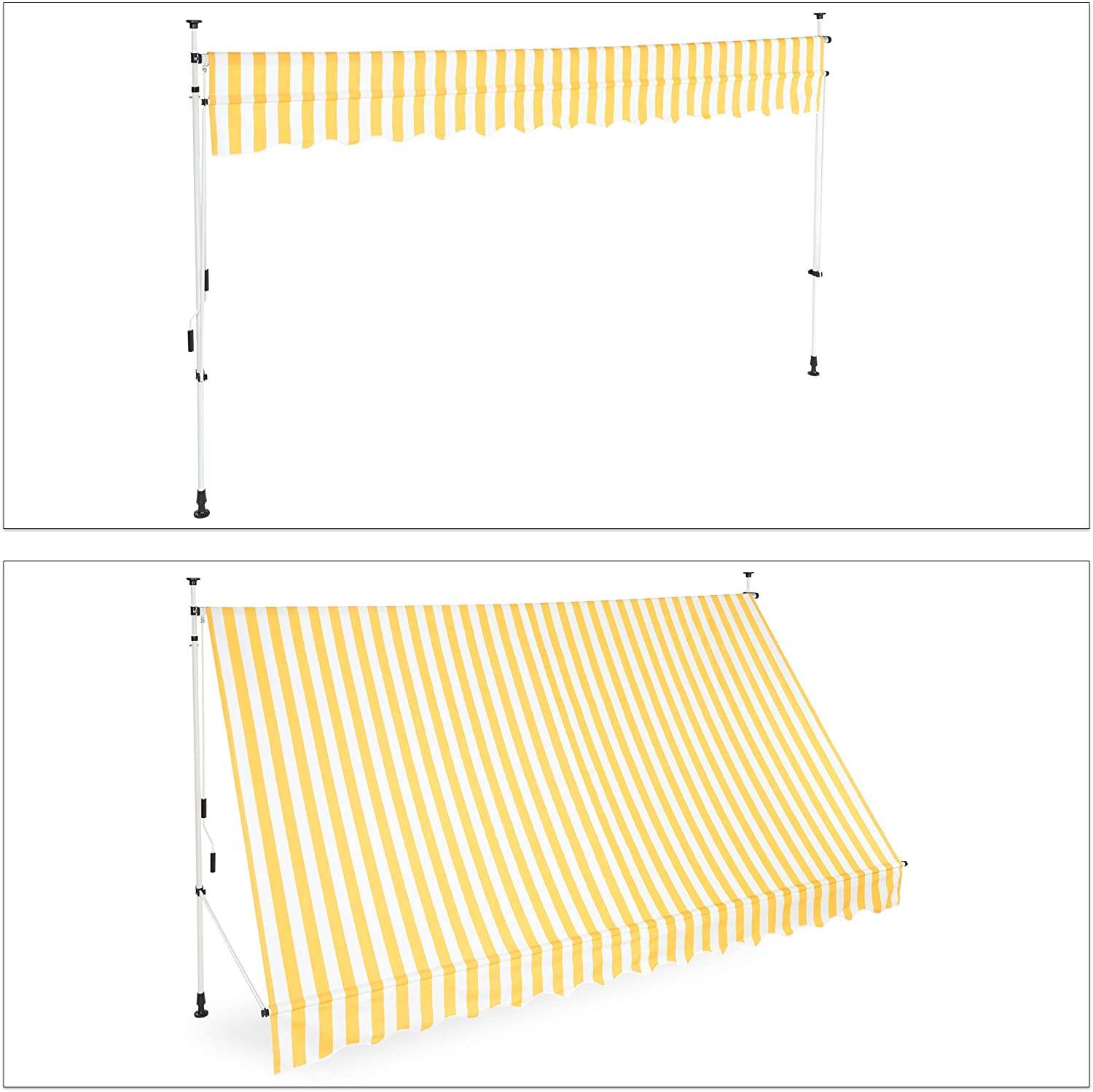 Helloshop26 - Store banne télescopique de balcon manivelle hauteur réglable résistant uv polyester acier 350 x 120 cm blanc et jaune - Imagen 2