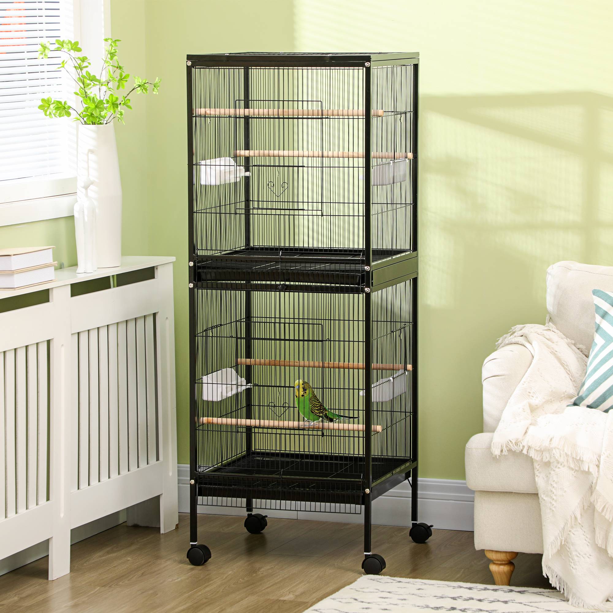 Cage volière pour oiseaux d'intérieur avec roues et bacs amovibles, 51,5x50x140 cm, noir - Image 4
