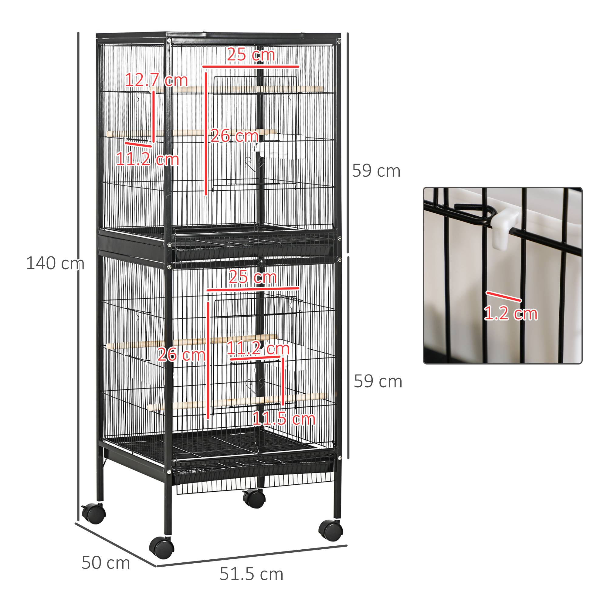 Cage volière pour oiseaux d'intérieur avec roues et bacs amovibles, 51,5x50x140 cm, noir - Image 5