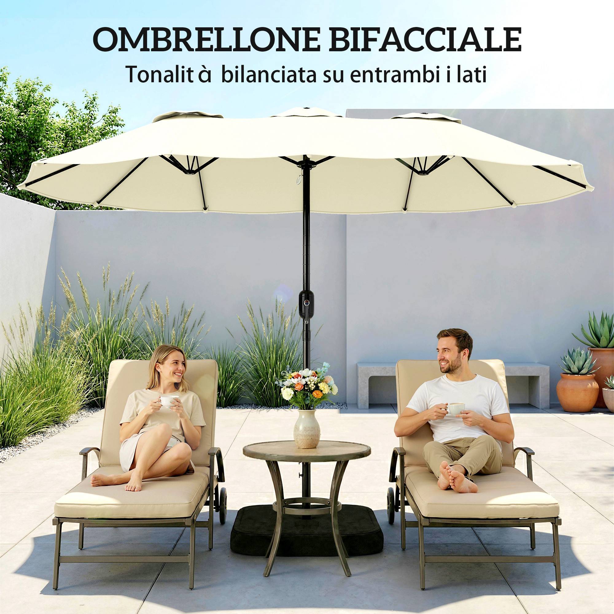 Parasol double à 12 baleines avec manivelle, base en croix et sacs, en métal et polyester, 3x1,5 m, beige - Image 8