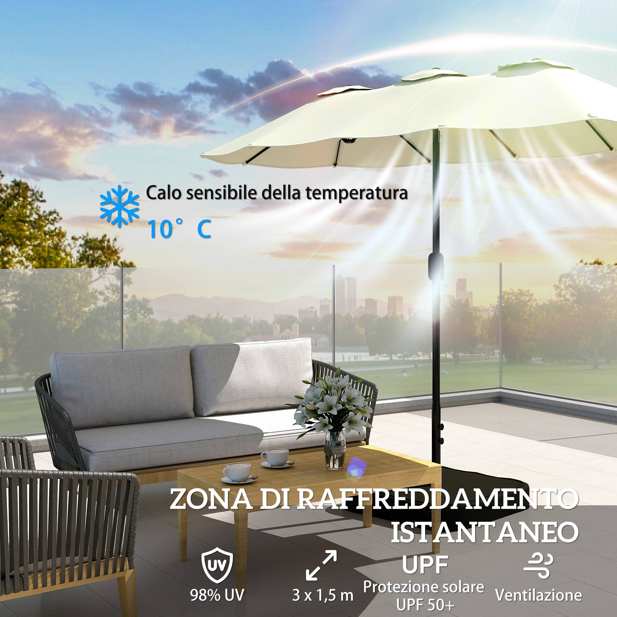 Parasol double à 12 baleines avec manivelle, base en croix et sacs, en métal et polyester, 3x1,5 m, beige - Image 7