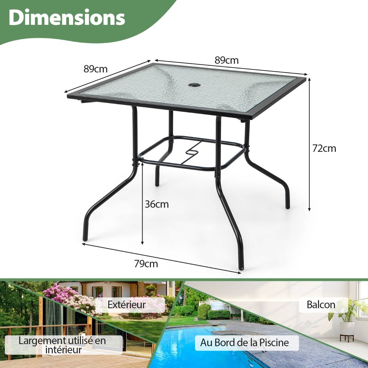 Table De Jardin Carrée Plastique Tomaino 80x80 Cm Avec Trou Parasol - Mobilier Extérieur Robuste Vert