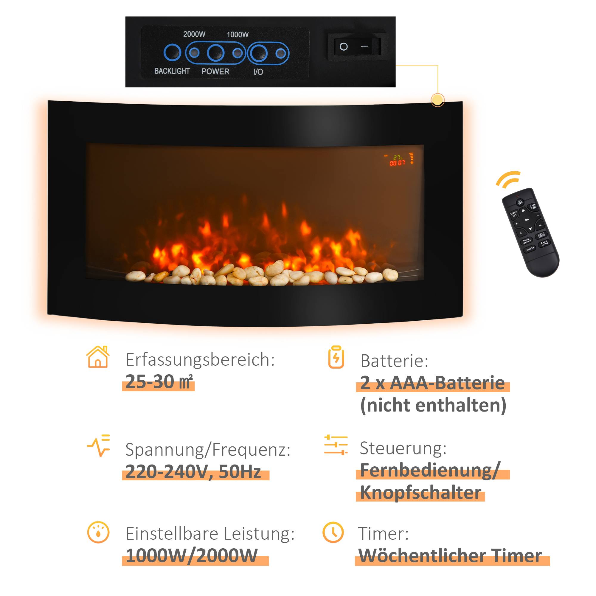 Sans Marque - Cheminée électrique,Cheminée murale 89cm LED 7 couleurs 1000/2000W minuterie thermostat télécommande noir - Image 7