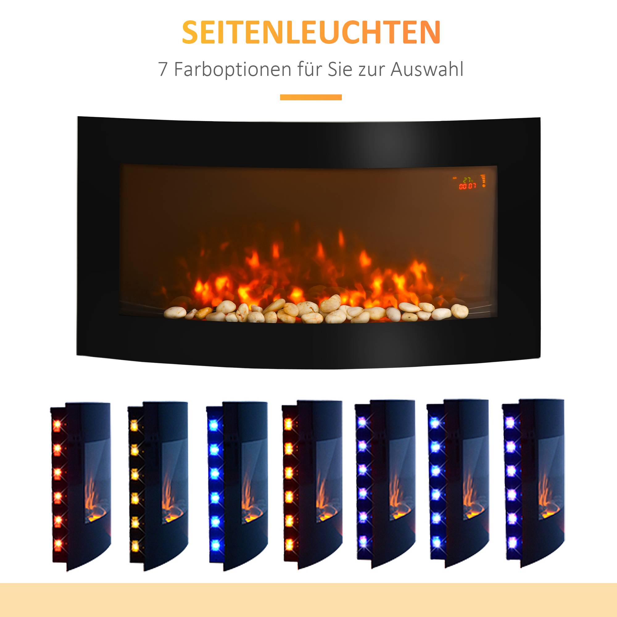 Sans Marque - Cheminée électrique,Cheminée murale 89cm LED 7 couleurs 1000/2000W minuterie thermostat télécommande noir - Image 9