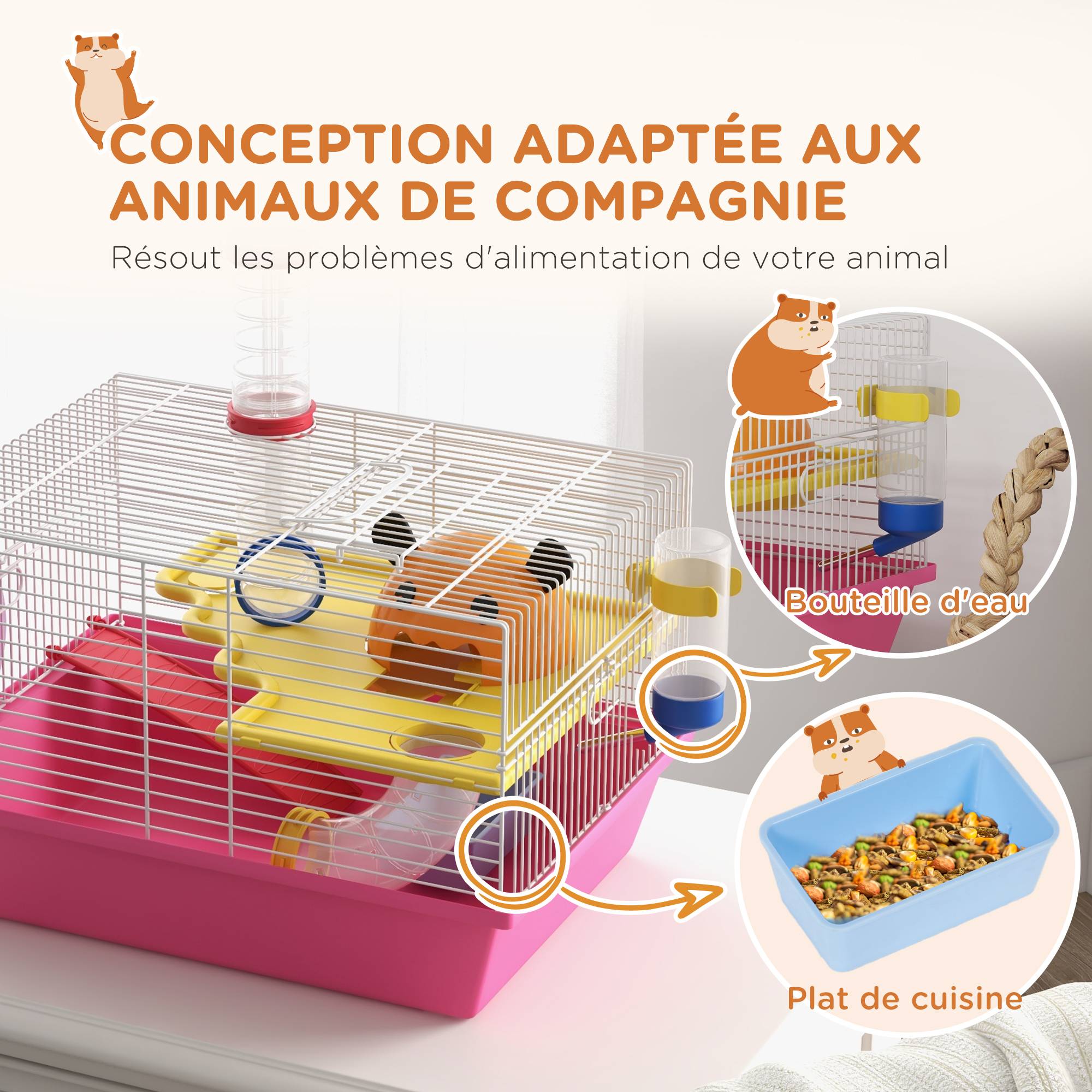 Cage pour rongeur acier et plastique rose 34 x 27 x 25 cm - PANGIVO - Image 9