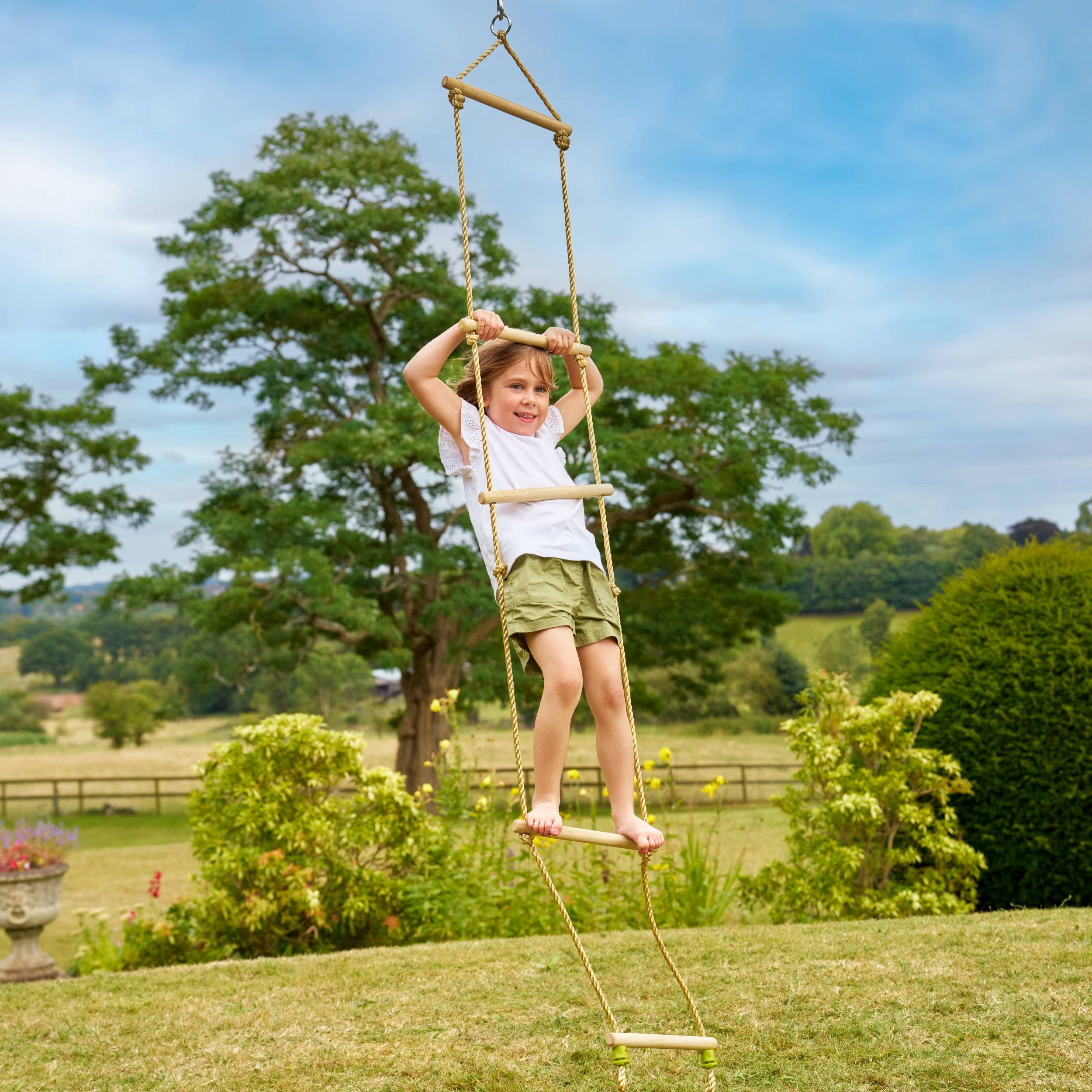 H2i Échelle De Corde Suspendue 6 Barreaux En Bois – Hauteur 220 Cm, Avec Mousquetons – Escalade Extérieur Enfant
