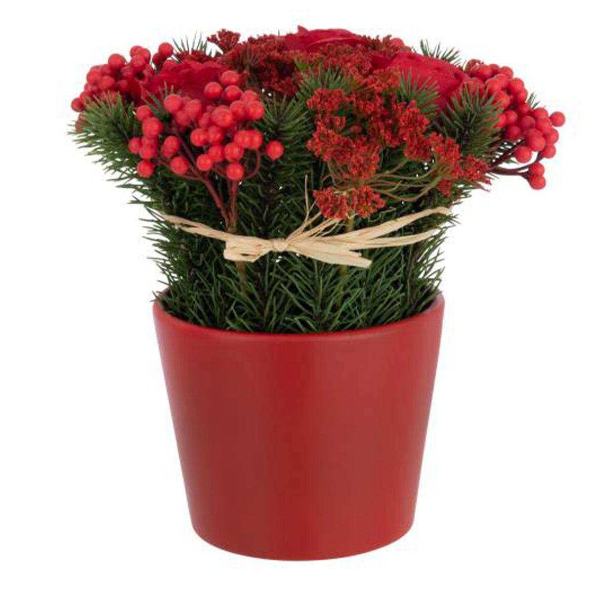 Composition Florale Pot "Roses & Baies" 25cm Rouge - Image 1