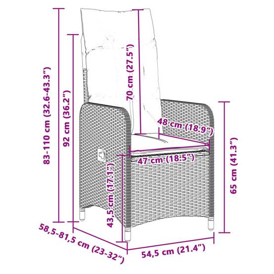 Chaise Inclinable de Jardin avec Coussins Noir Résine Tressée 54.5 x 58.5 x 92 cm, Poids :10.2kg - PANGIVO - Image 9