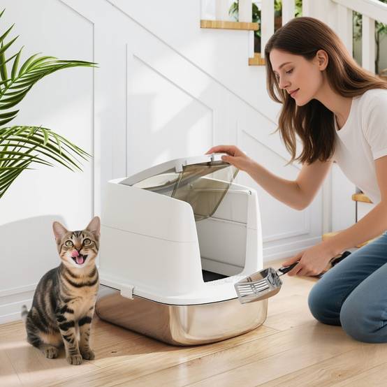 Maison Toilette Chat Inox Fermée Anti-Odeur Double Sortie Blanc - ComfortXL Pet Living - Image 1