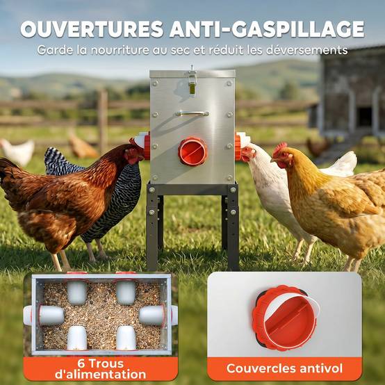 Mangeoire Automatique à Poulet 27L, 6 Ports, Hauteur Reglable, Couvercle Verrouillable, 42x25x55cm, Acier, Argent - Image 8