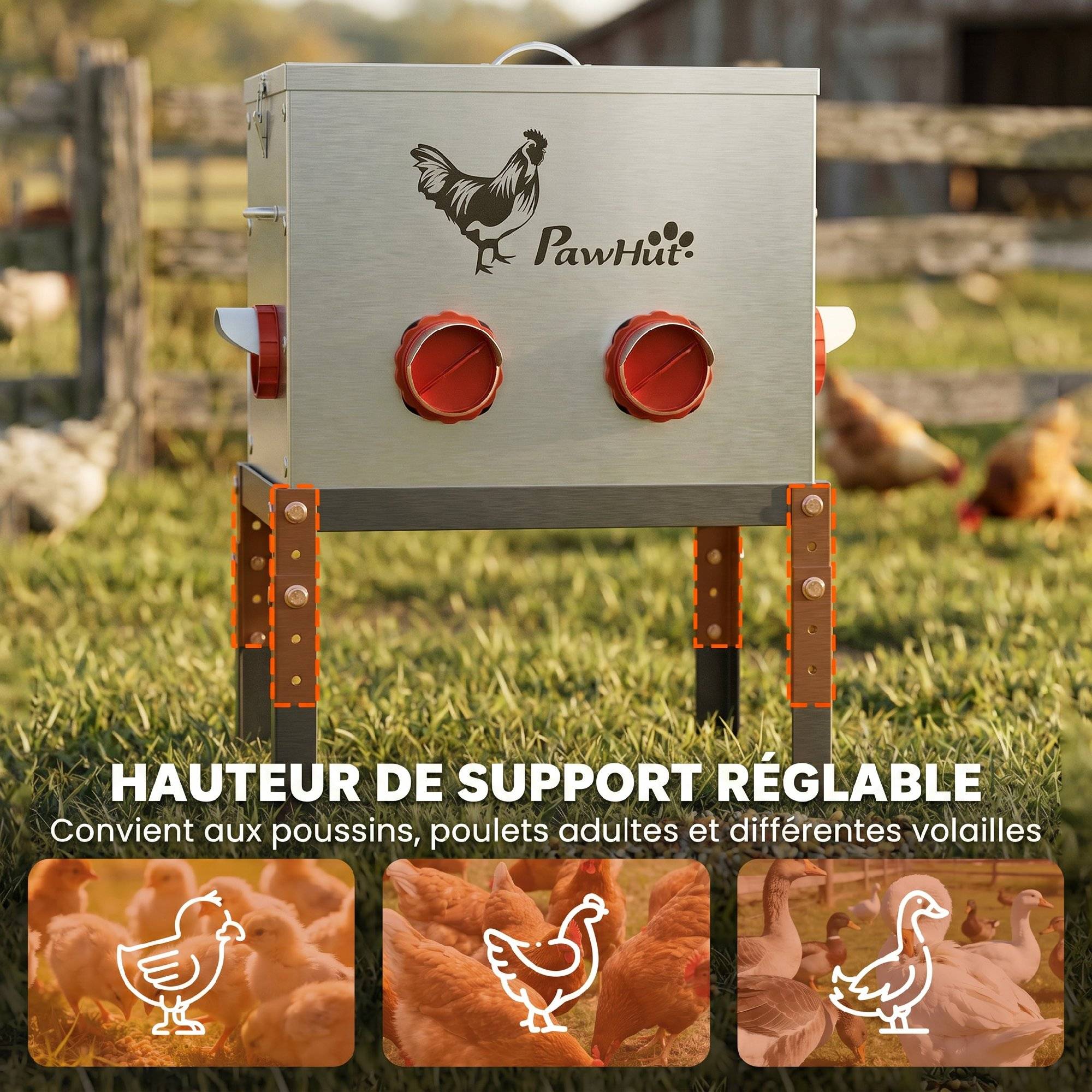 Mangeoire Automatique à Poulet 27L, 6 Ports, Hauteur Reglable, Couvercle Verrouillable, 42x25x55cm, Acier, Argent - Image 7