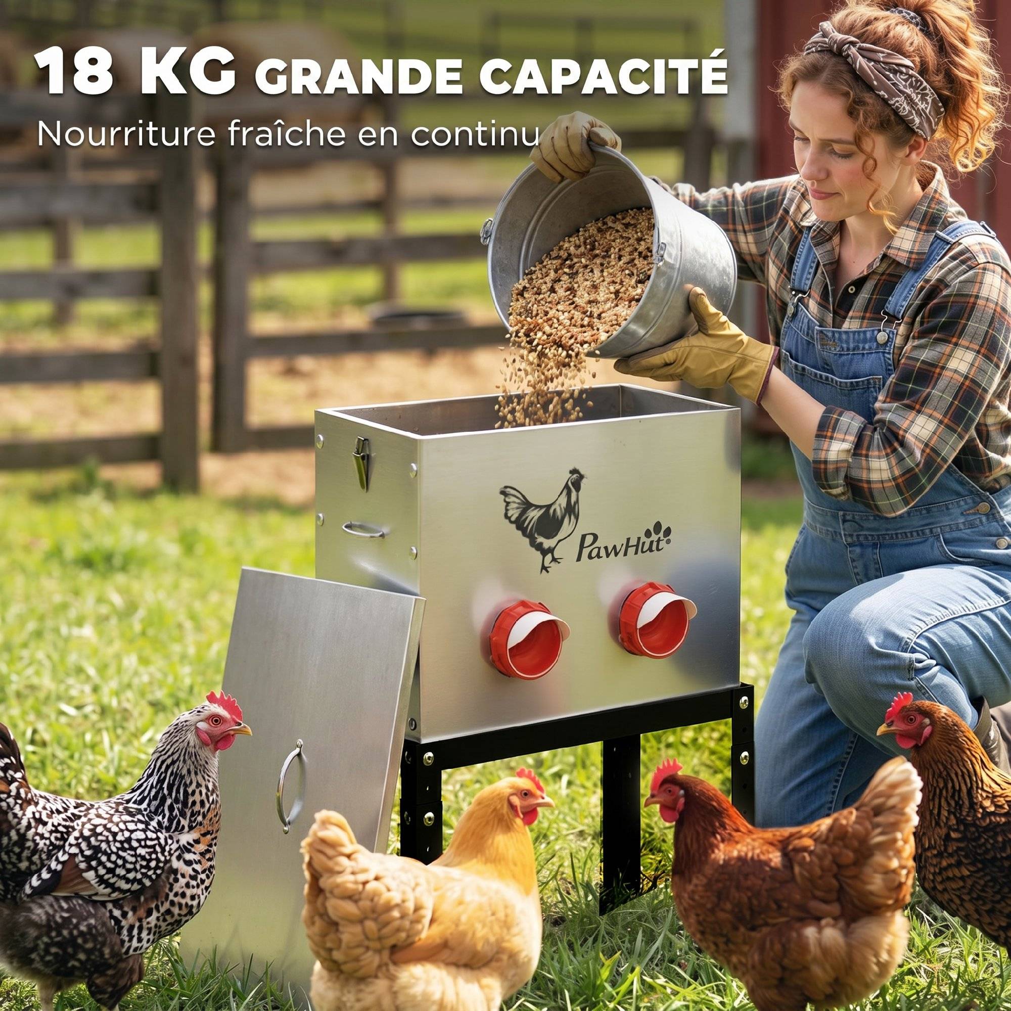Mangeoire Automatique à Poulet 27L, 6 Ports, Hauteur Reglable, Couvercle Verrouillable, 42x25x55cm, Acier, Argent - Image 6