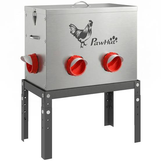 Mangeoire Automatique à Poulet 27L, 6 Ports, Hauteur Reglable, Couvercle Verrouillable, 42x25x55cm, Acier, Argent - Image 1