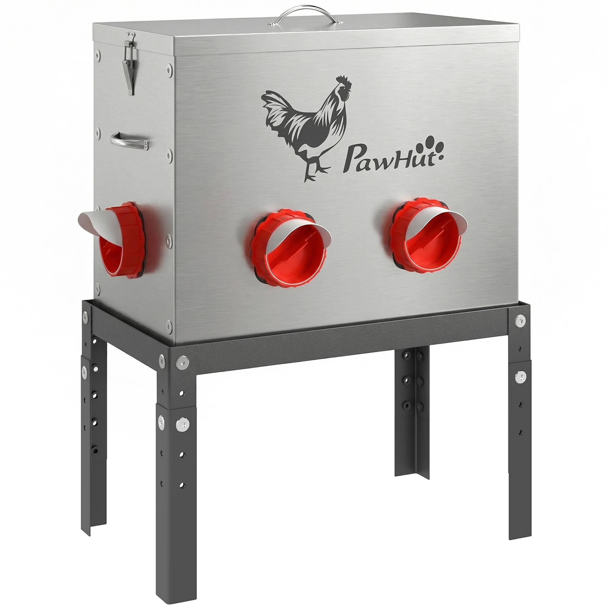 Mangeoire Automatique à Poulet 27L, 6 Ports, Hauteur Reglable, Couvercle Verrouillable, 42x25x55cm, Acier, Argent - Image 1
