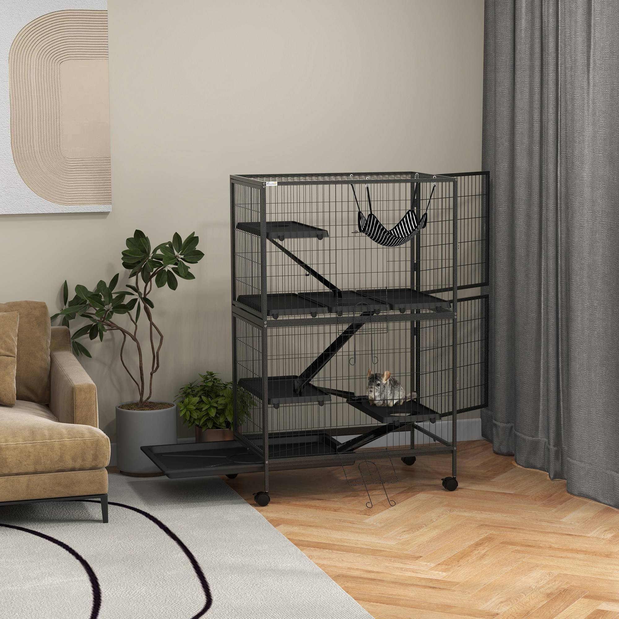 Cage multifonction en acier pour rongeurs 4 plateformes sur roulettes 80x52x128cm gris - ComfortXL Outdoor Living - Image 4