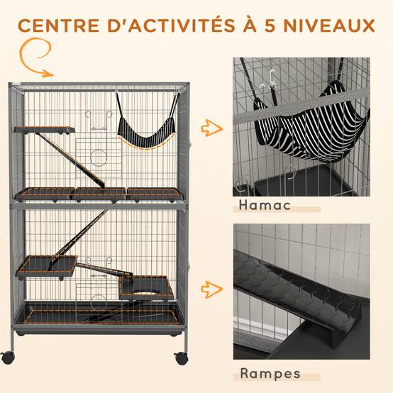 Cage multifonction en acier pour rongeurs 4 plateformes sur roulettes 80x52x128cm gris - ComfortXL Outdoor Living - Image 8