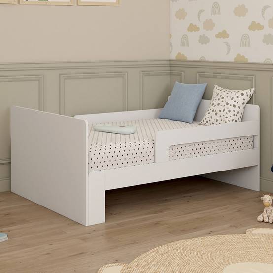 Lit simple évolutif GASPARD 90 x 140/190 cm avec sommier et barrières bois blanc - Image 1