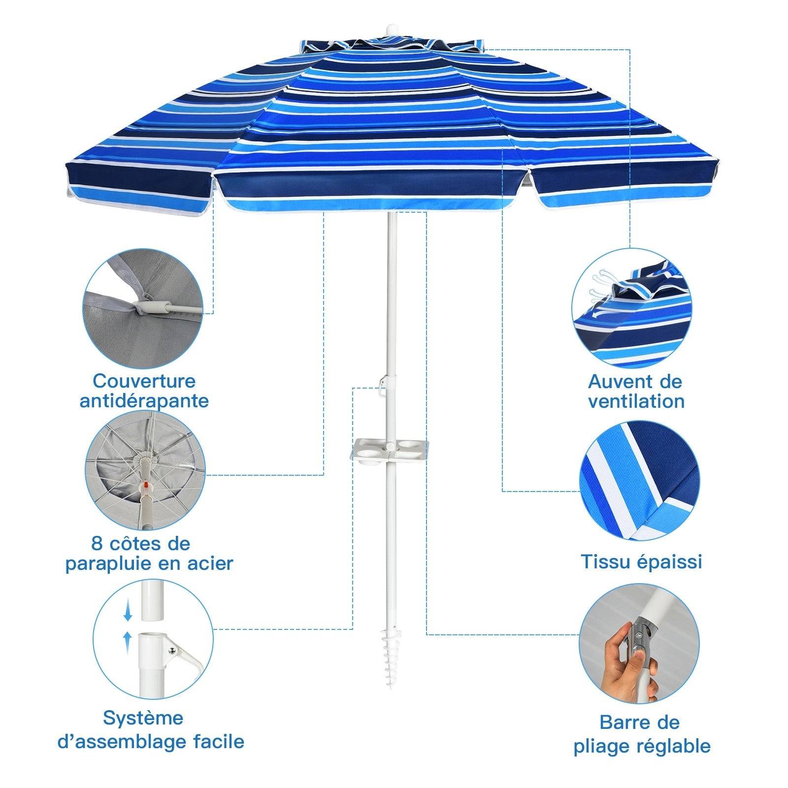 Helloshop26 - Parasol de plage inclinable 2,2 m avec porte-gobelet et protection solaire upf50 + parasol portable bleu - Imagen 3