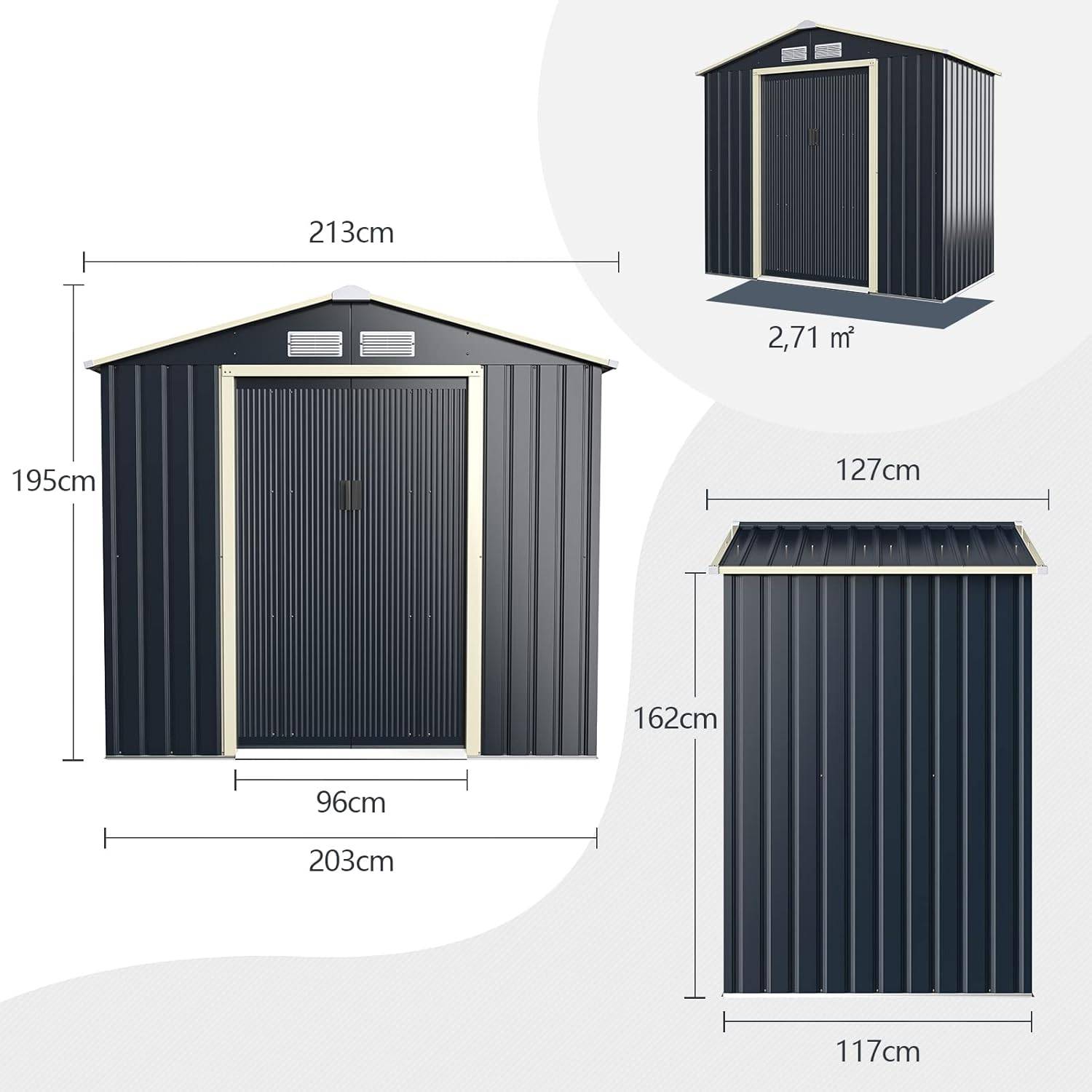 Costway - Abri de jardin 2 portes coulissantes verrouillables – 213,5 × 127 × 194,5 cm – 4 aérations – COSTWAY - Image 9