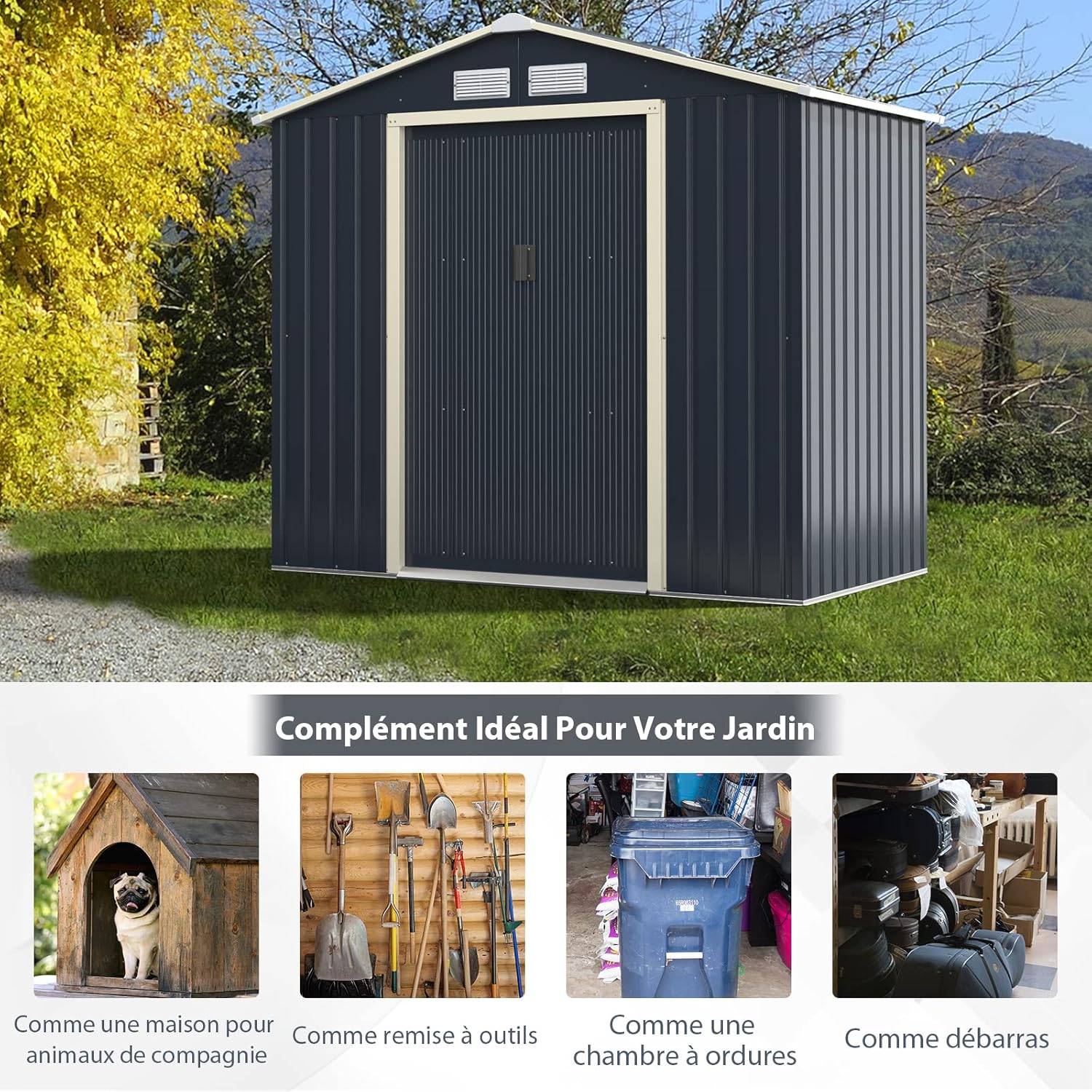 Costway - Abri de jardin 2 portes coulissantes verrouillables – 213,5 × 127 × 194,5 cm – 4 aérations – COSTWAY - Image 8