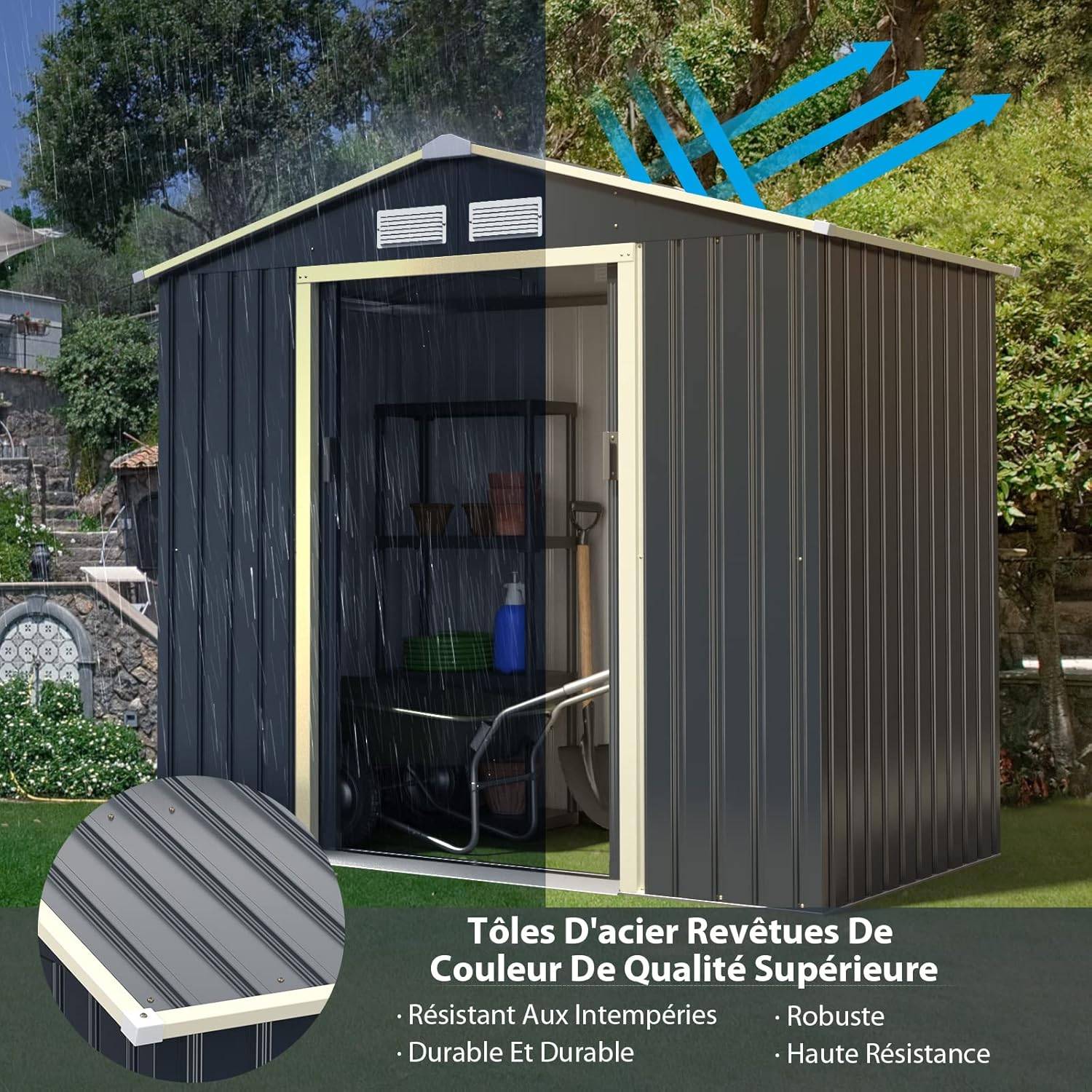 Costway - Abri de jardin 2 portes coulissantes verrouillables – 213,5 × 127 × 194,5 cm – 4 aérations – COSTWAY - Image 4