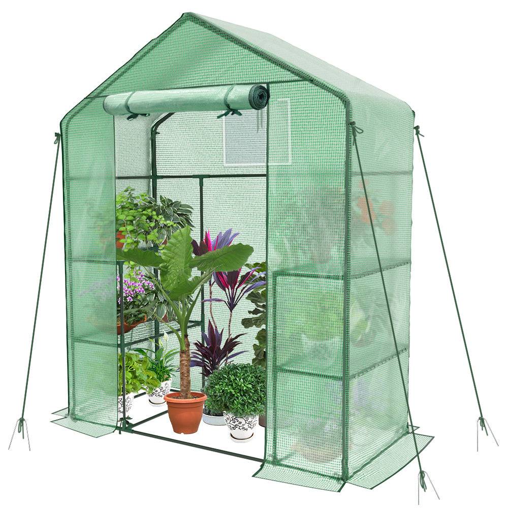 Serre de jardin avec étagères 143x73x195cm vert - Bâche PE renforcée 135g/m² - Fenêtre moustiquaire, porte enroulable zippée - Image 1