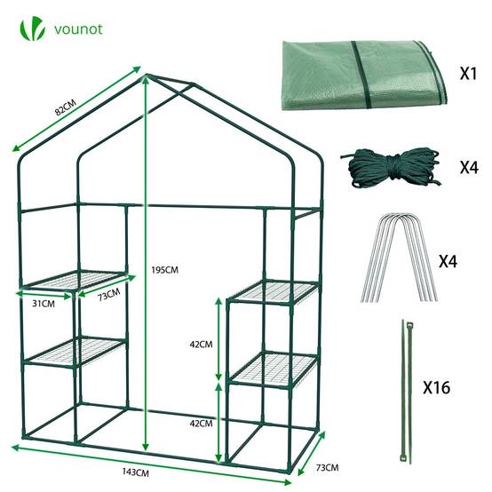 Serre de jardin avec étagères 143x73x195cm vert - Bâche PE renforcée 135g/m² - Fenêtre moustiquaire, porte enroulable zippée - Image 6