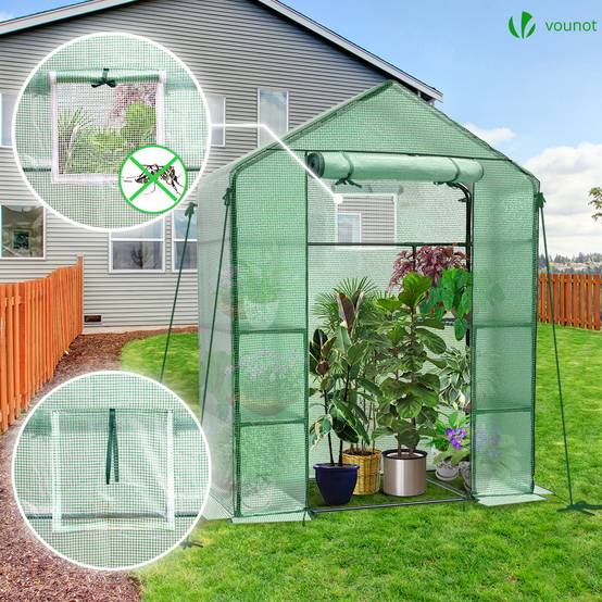 Serre de jardin avec étagères 143x73x195cm vert - Bâche PE renforcée 135g/m² - Fenêtre moustiquaire, porte enroulable zippée - Image 2