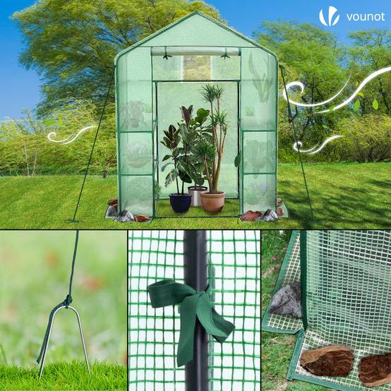 Serre de jardin avec étagères 143x73x195cm vert - Bâche PE renforcée 135g/m² - Fenêtre moustiquaire, porte enroulable zippée - Image 7