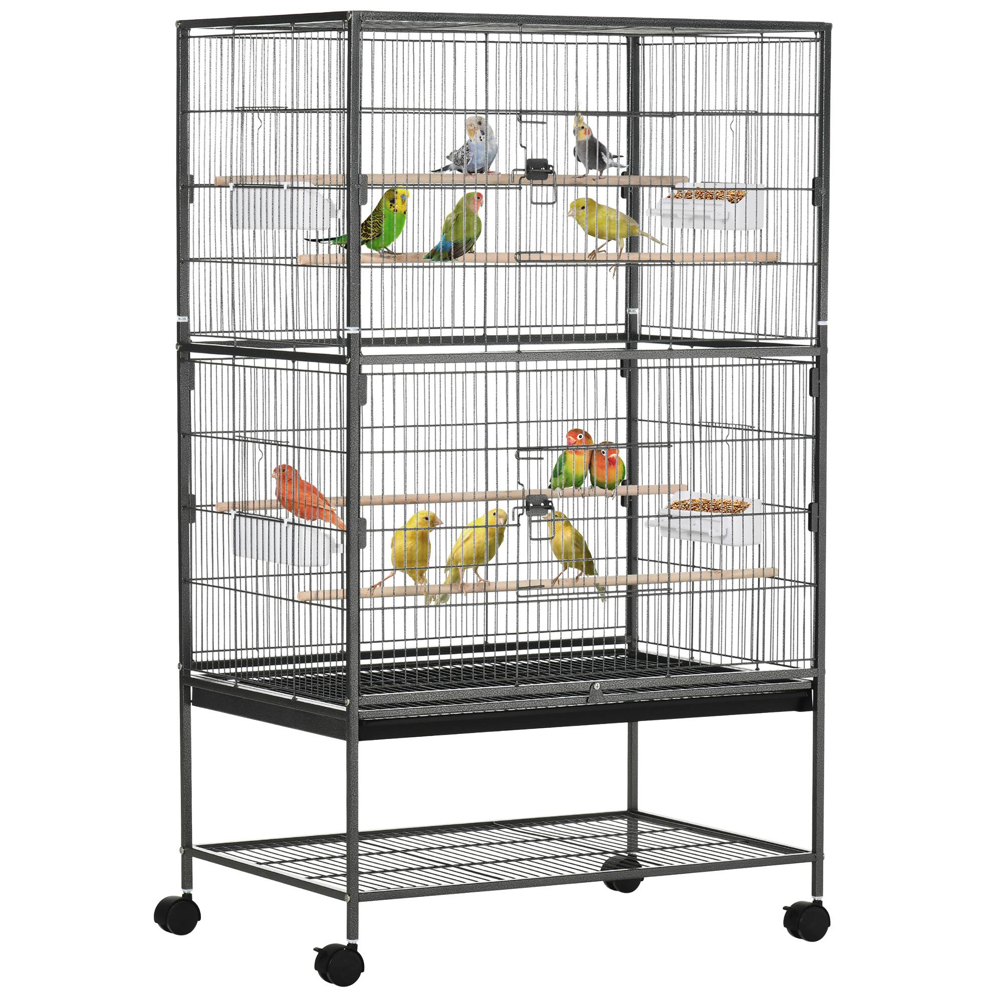 Cage pour oiseaux d'intérieur en bois avec bac, 4 roues et perchoir, 78x52x132 cm