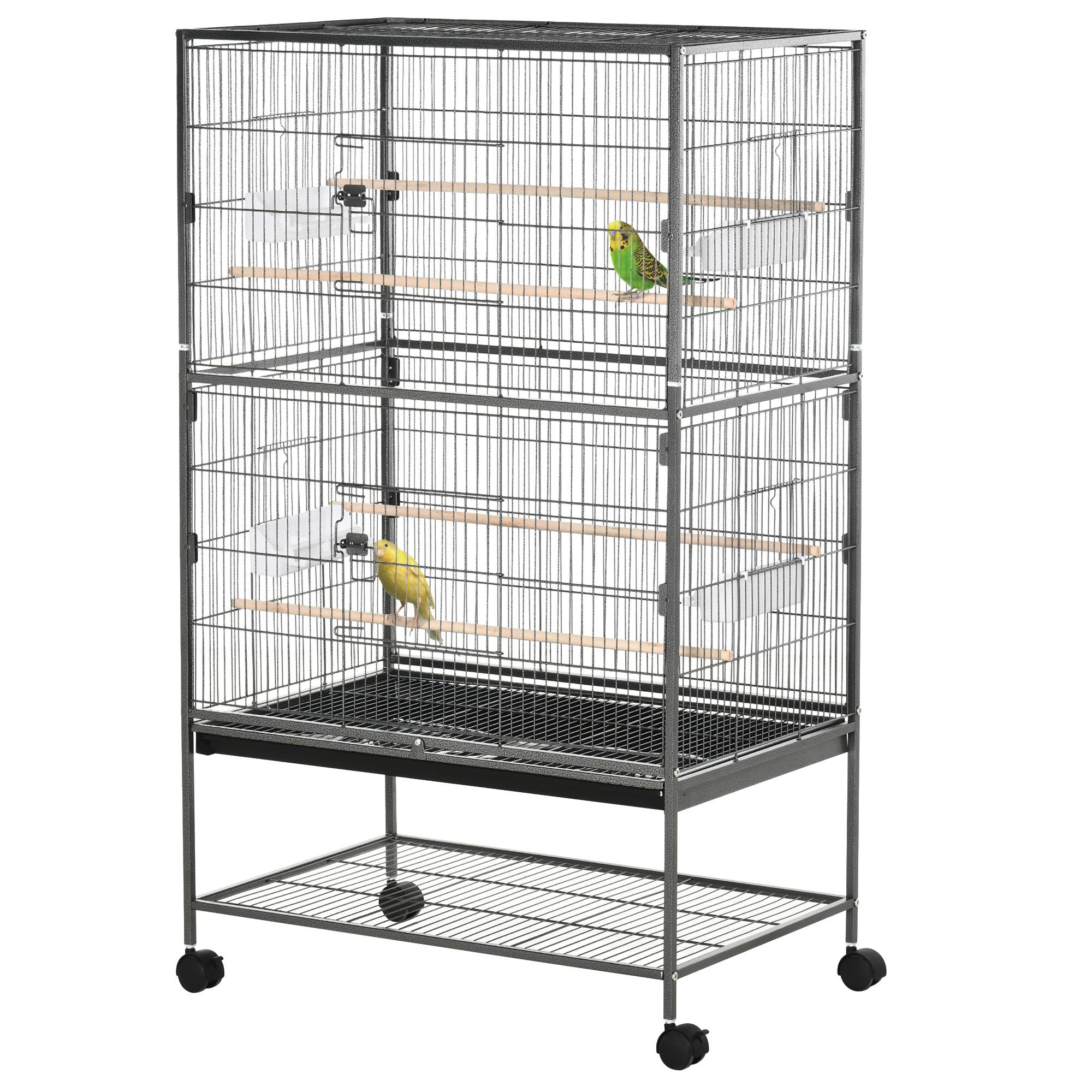 Cage pour oiseaux d'intérieur en bois avec bac, 4 roues et perchoir, 78x52x132 cm - Image 2