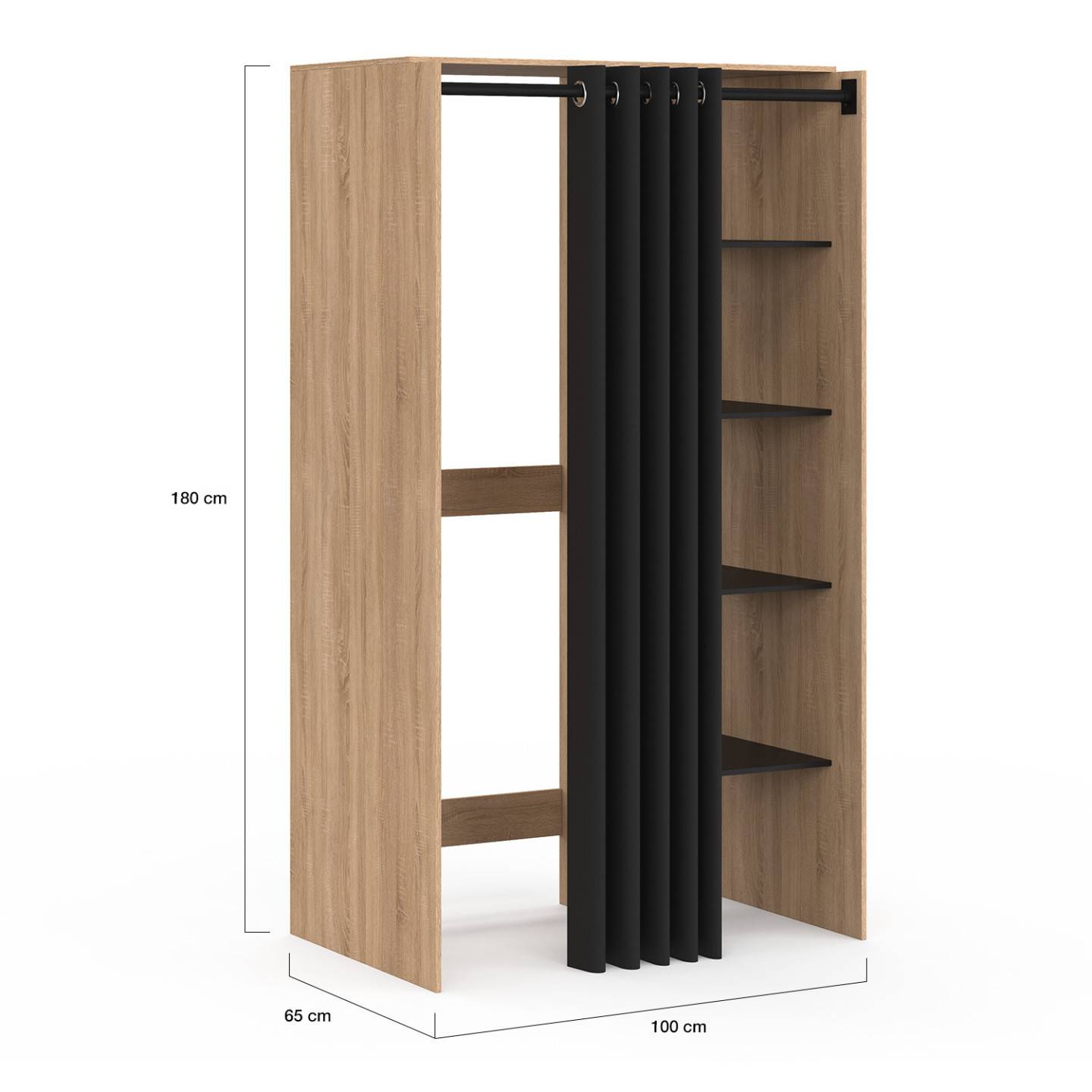 Meuble de buanderie double machine à laver avec rideau coulissant noir WALLIS bois façon hêtre et noir - Image 4
