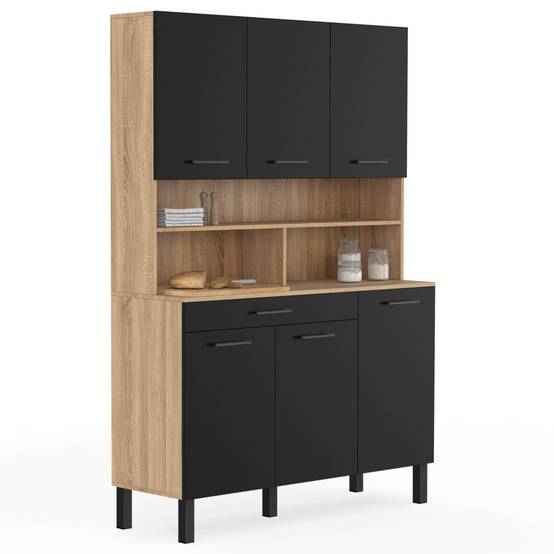 Buffet de cuisine 120 CM CINA 6 portes + tiroir façon hêtre et noir - Image 2