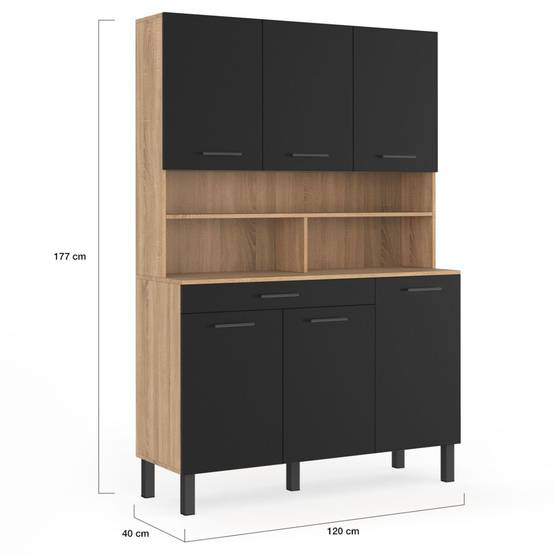 Buffet de cuisine 120 CM CINA 6 portes + tiroir façon hêtre et noir - Image 5