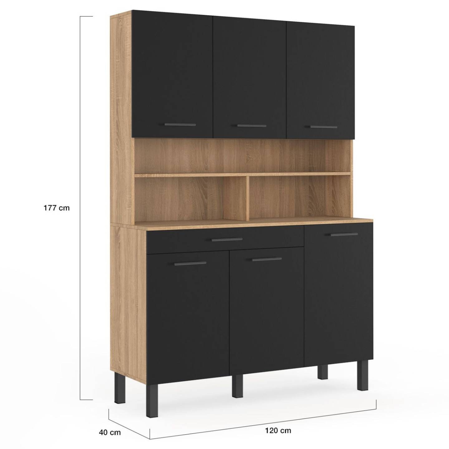 Buffet de cuisine 120 CM CINA 6 portes + tiroir façon hêtre et noir - Image 5