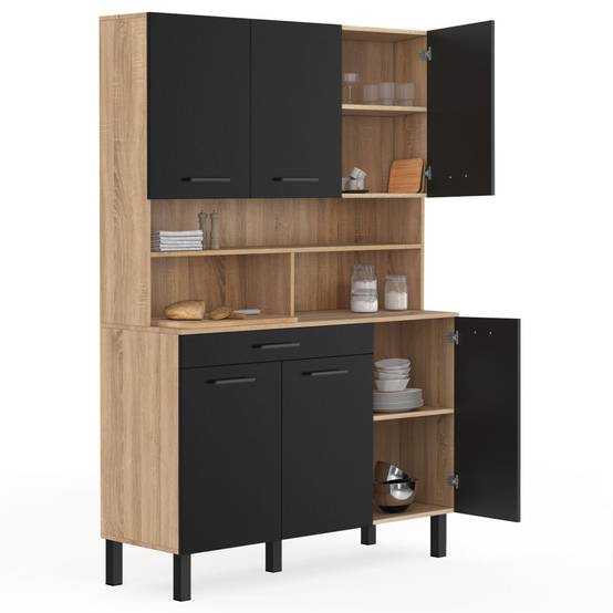 Buffet de cuisine 120 CM CINA 6 portes + tiroir façon hêtre et noir - Image 4
