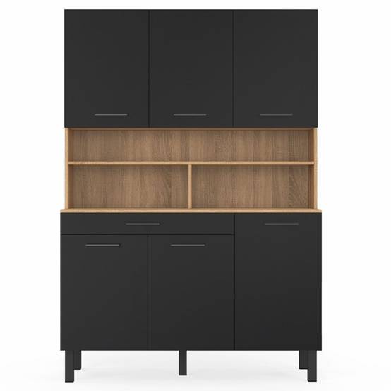 Buffet de cuisine 120 CM CINA 6 portes + tiroir façon hêtre et noir - Image 3