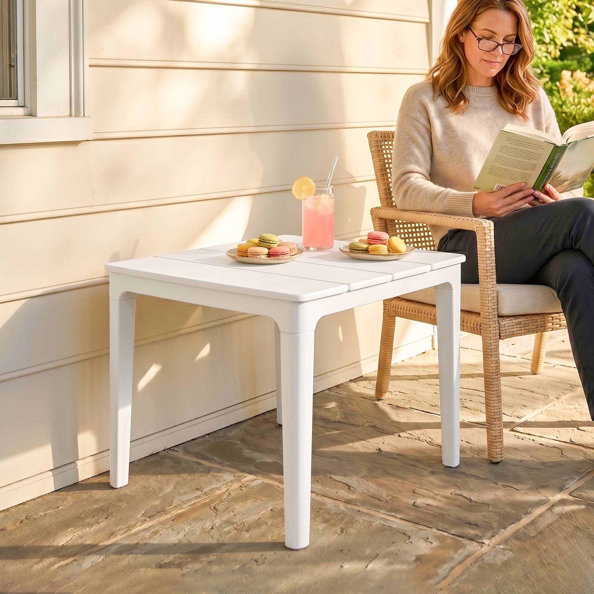 Table d’appoint 70x53 cm en plastique, résistante aux intempéries, table de jardin rectangulaire, charge 35 kg, blanc crème - Image 9