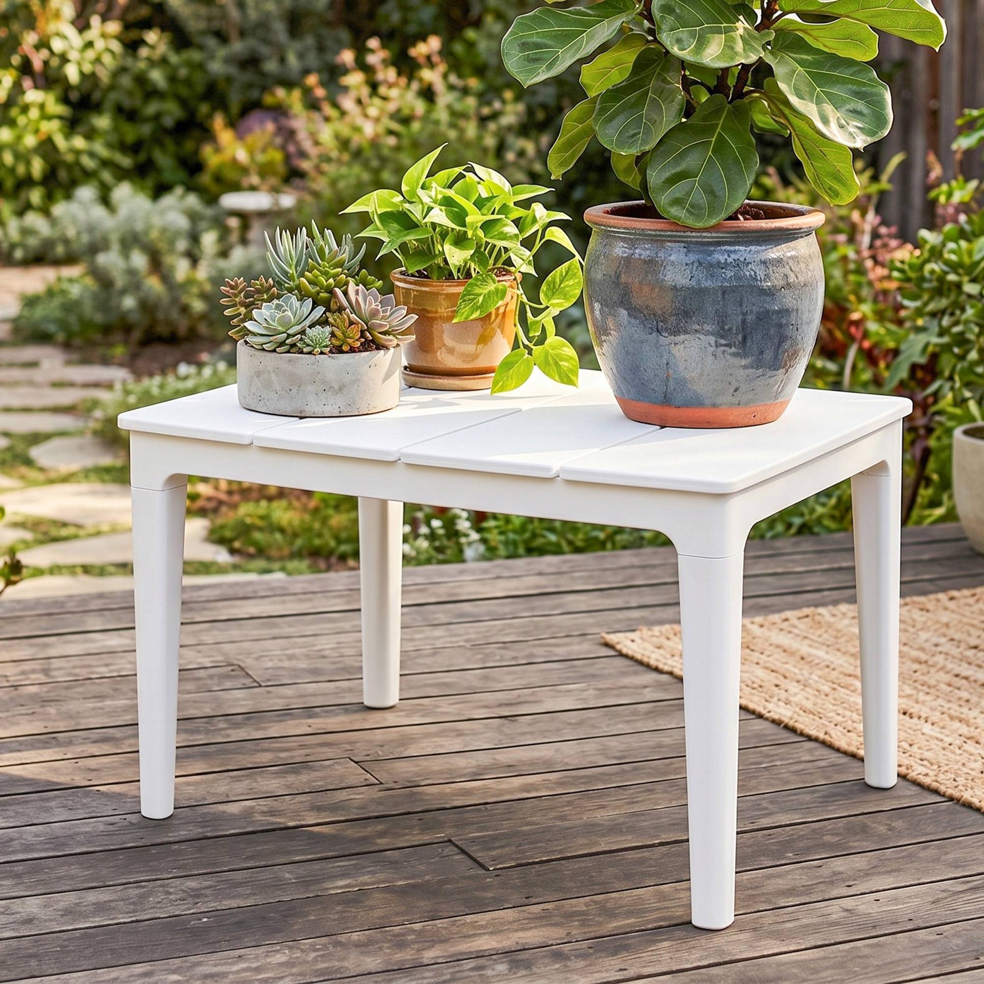 Table d’appoint 70x53 cm en plastique, résistante aux intempéries, table de jardin rectangulaire, charge 35 kg, blanc crème - Image 10