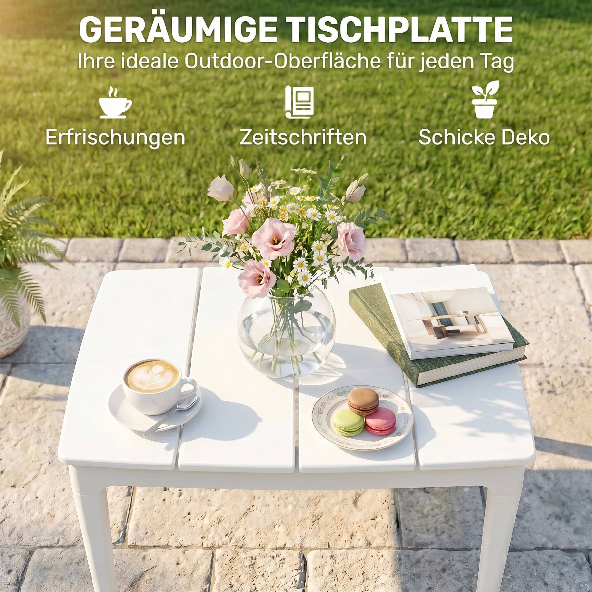 Table d’appoint 70x53 cm en plastique, résistante aux intempéries, table de jardin rectangulaire, charge 35 kg, blanc crème - Image 6