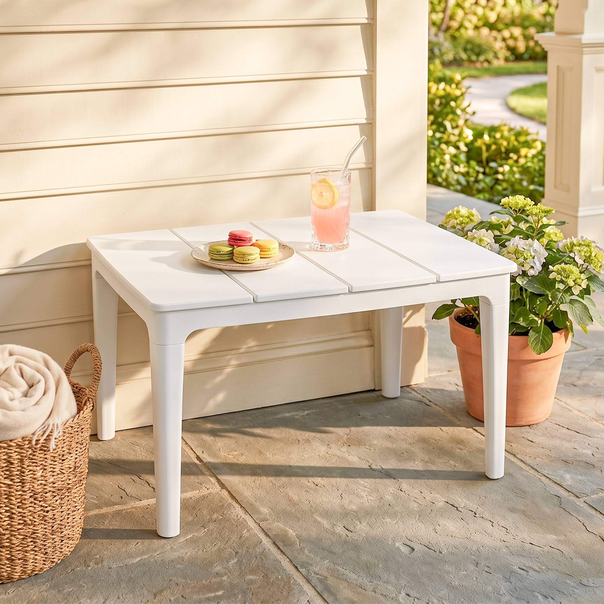 Table d’appoint 70x53 cm en plastique, résistante aux intempéries, table de jardin rectangulaire, charge 35 kg, blanc crème - Image 3