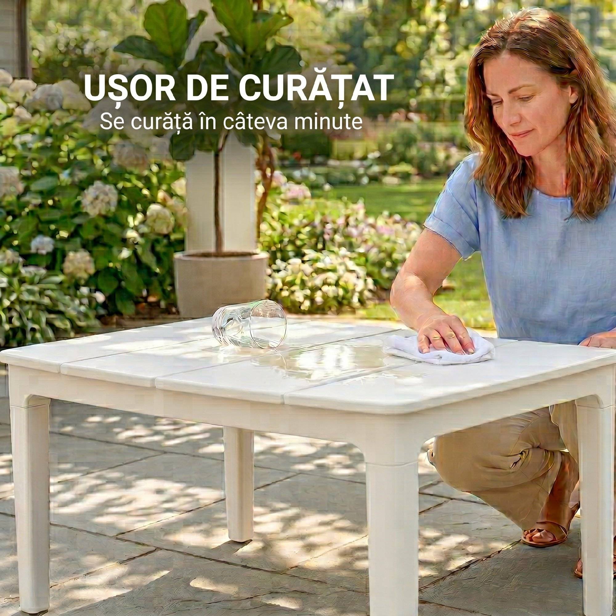 Table d’appoint 70x53 cm en plastique, résistante aux intempéries, table de jardin rectangulaire, charge 35 kg, blanc crème - Image 8