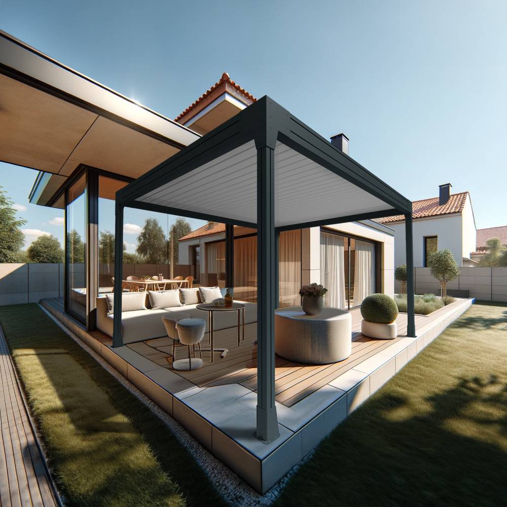 Pergola bioclimatique HELY îlot 4,50x5,154m Vérin à télécommande (Gris anthracite / Blanc) - Alia Productions - Imagen 1